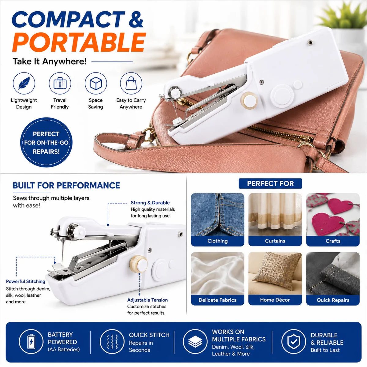 Portable Mini Stitch Sewing Machine – Compact Electric Handheld Sewing Machine for Quick Clothing Repairs & DIY Projects